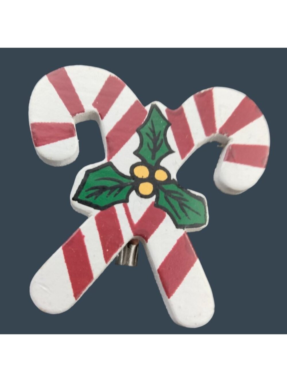Christmas Candy Cane Pin Brooch Holly Vintage Holiday Jewelry Handcrafted Wood